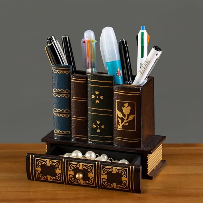 Multifunction Retro Wooden Pen Holder Book Shape Wood Craft Home Decor Pencil Desktop Storage Box Drawers Stationery Holder Gi