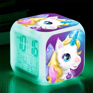 Cartoon Unicorn Alarm Clocks Kids Child Wake Up Clock 7 Color Changing LED Night Light Clocks