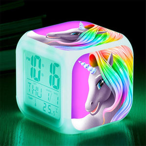 Cartoon Unicorn Alarm Clocks Kids Child Wake Up Clock 7 Color Changing LED Night Light Clocks