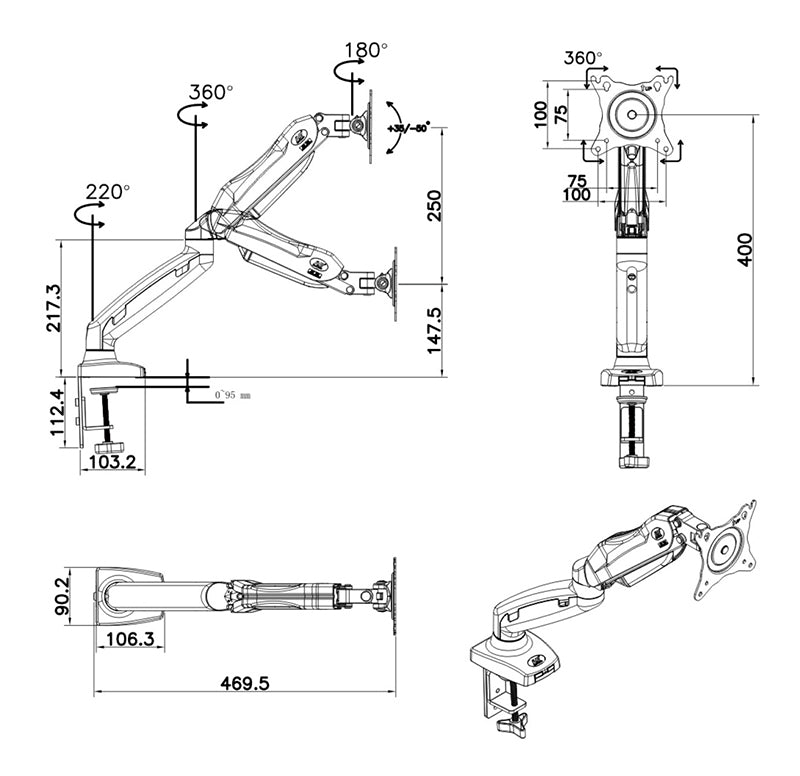 NB F80 Desktop17-27" LCD LED Monitor Holder Arm Gas Spring Full Motion Gas Strut Flexi TV Mount Loading 2-6.5kgs