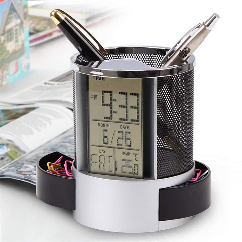 Mesh Pen Pencil Holder With Digital LCD Office Desk Alarm Clock Time Temperature Calendar Function-PC Friend Desk Organizer A20