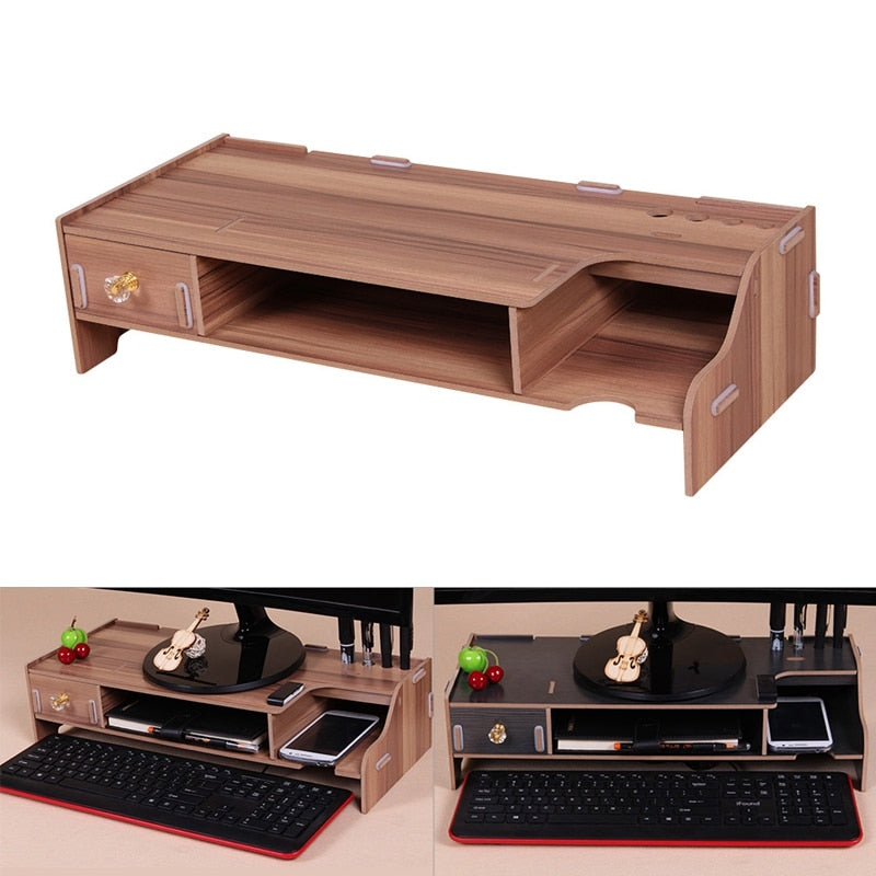 Wooden Monitor Stand Riser Computer Desk Organizer with Keyboard Mouse Storage Slots for Office Supplies School Computer Heighte