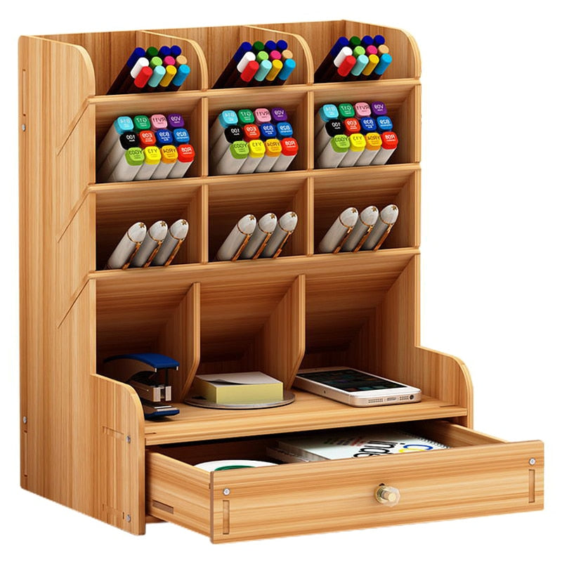 Wooden Multi-function Desktop Pen Holder 5 Layer Desk Storage Box Portable With Drawer Office School Storage Box Stationery Sto