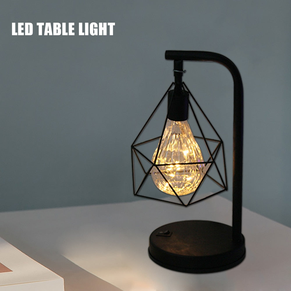 Wrought Iron LED Night Light Creative LED Table Lamp  Home Decor Light Black Geometric Wire Industrial Lamp Bedroom Decoration