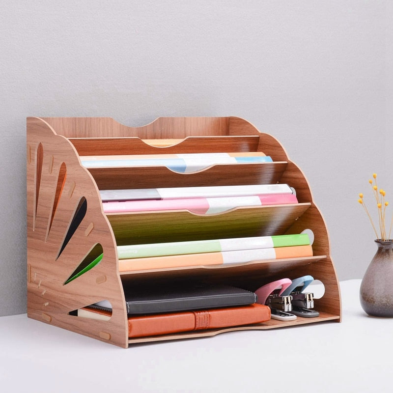 File Document Organizer Wood Fan-Shaped Book Paper Sorter 5 Compartment for Office Desktop Magazine DIY Holder