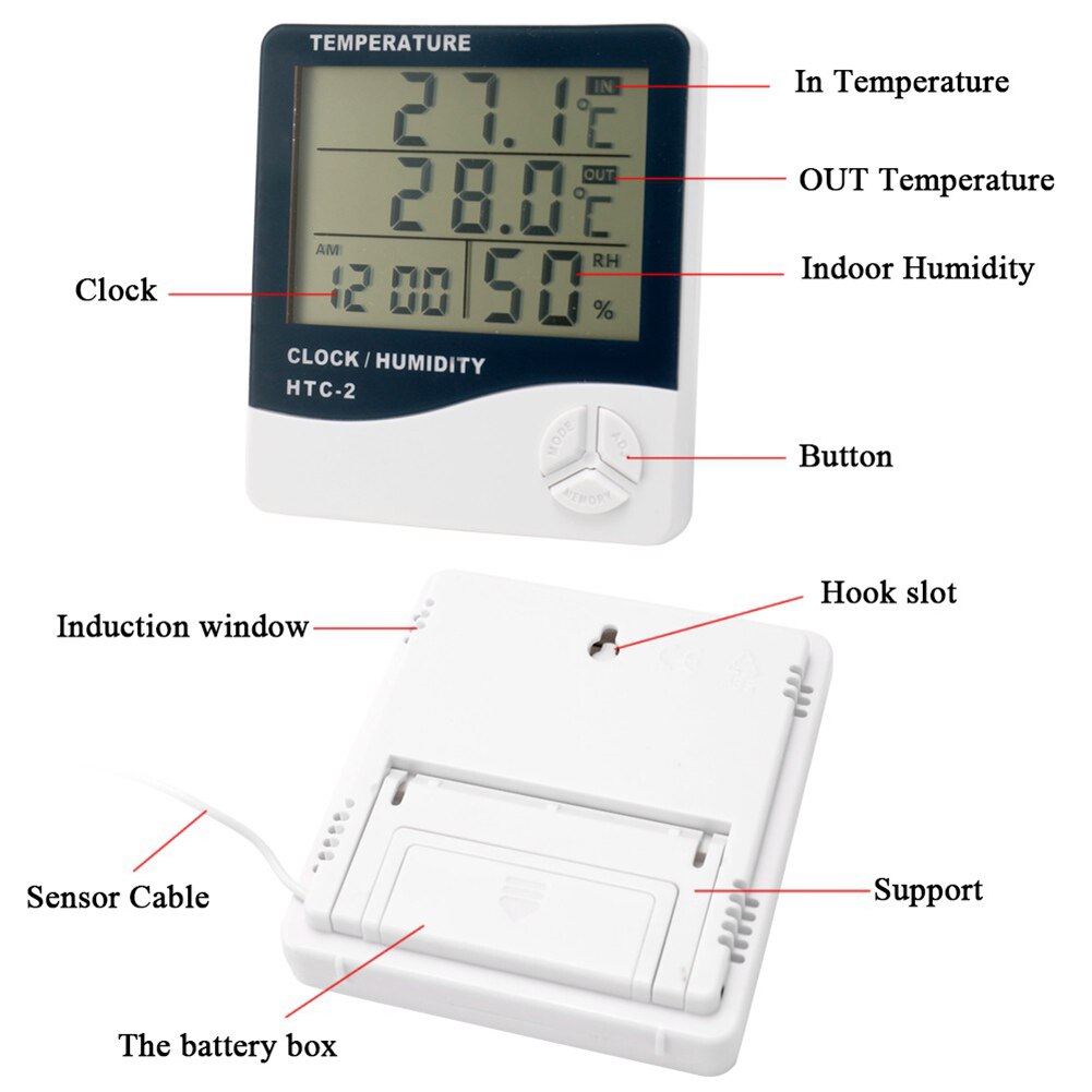 Mini Home Digital Temperature Humidity Meter Indoor Outdoor Hygrometer Thermometer Gauge Weather Station with Clock -50°-70°