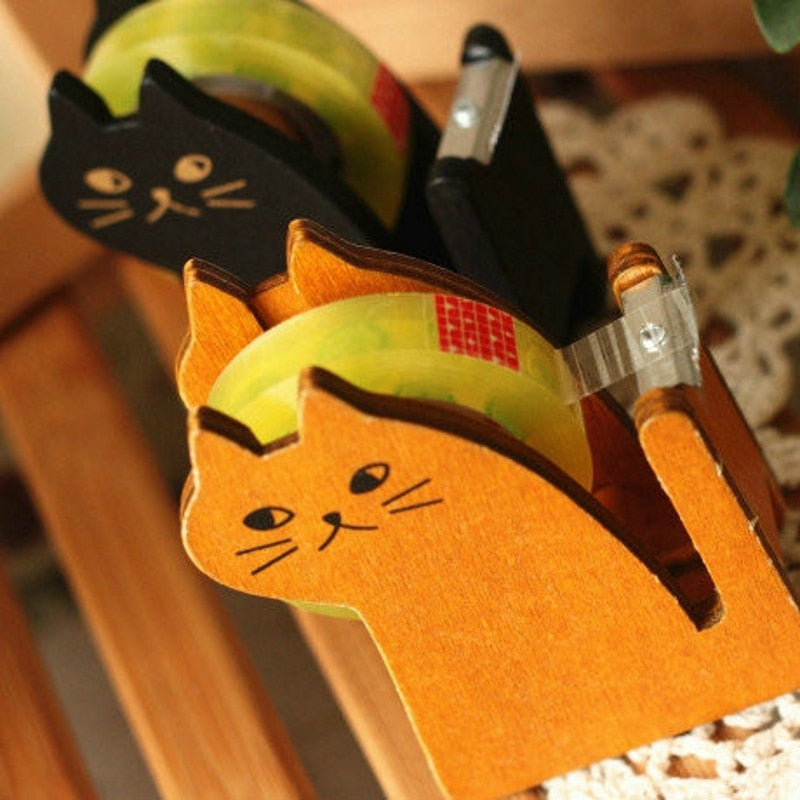 Vintage Style Adhesive Tape Holder Cute Cat Style Wooden Tape Dispenser Office Stationary Supply Tape Cutting Sealing Tool