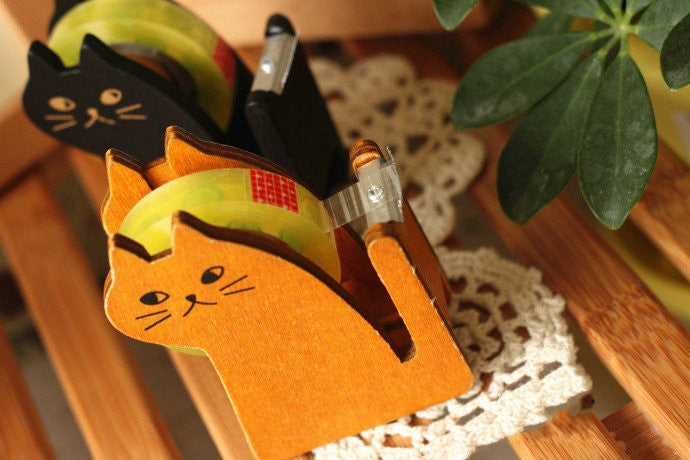 Vintage Style Adhesive Tape Holder Cute Cat Style Wooden Tape Dispenser Office Stationary Supply Tape Cutting Sealing Tool