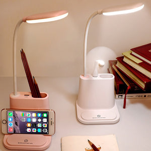 Rechargeable Led Desk Lamp,Table Dimmable Light with Pen Holder Gooseneck Student Kids Desk Lamps for Reading Working with Fan