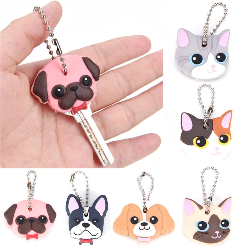 Silicone Key Ring Cap Case Lovely Animals Head Shape Keychain Shell Cat Hamster Pug Dog  Desk Sets School Stationery