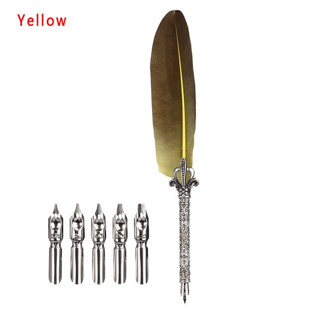 1 Set Vintage Quill Dip Pen Turkey Feather Pen Quill Oblique + 5 Nibs+ Pen Se hot Gift